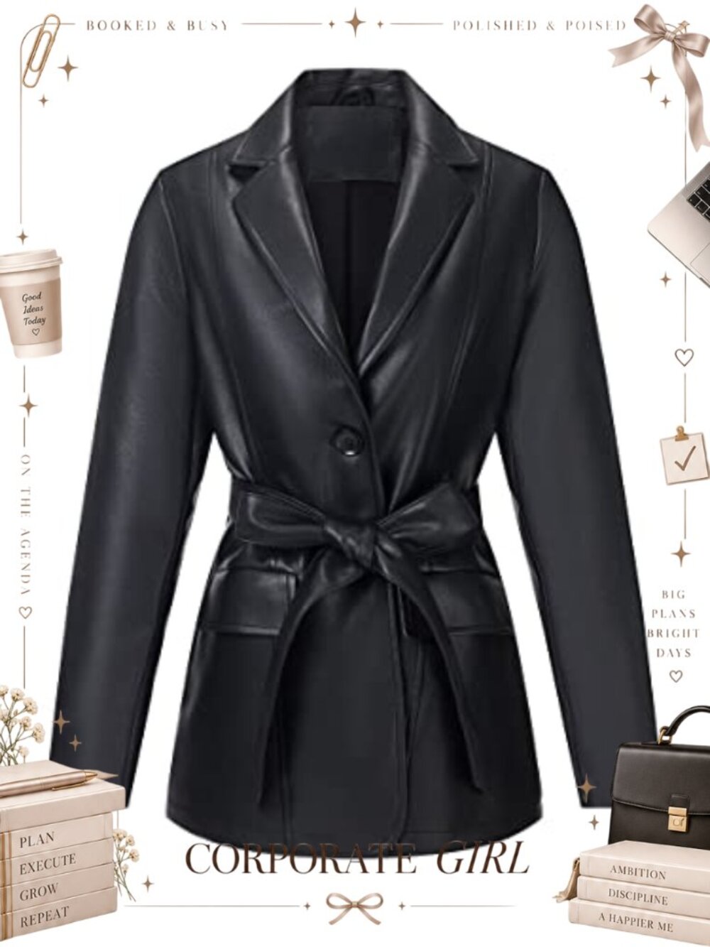 Women's Faux Leather Blazer Jacket with Belt Soft PU Coat
